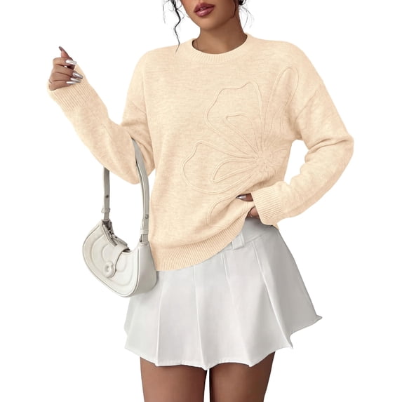 PRETTYGARDEN Women Fall Sweaters Trendy Floral Knit Pullover | Flower Embroidered Tops, Crew Neck, Soft Long Sleeve Shirts, Cozy Winter Layering Clothes for Casual Outing, Holiday Party