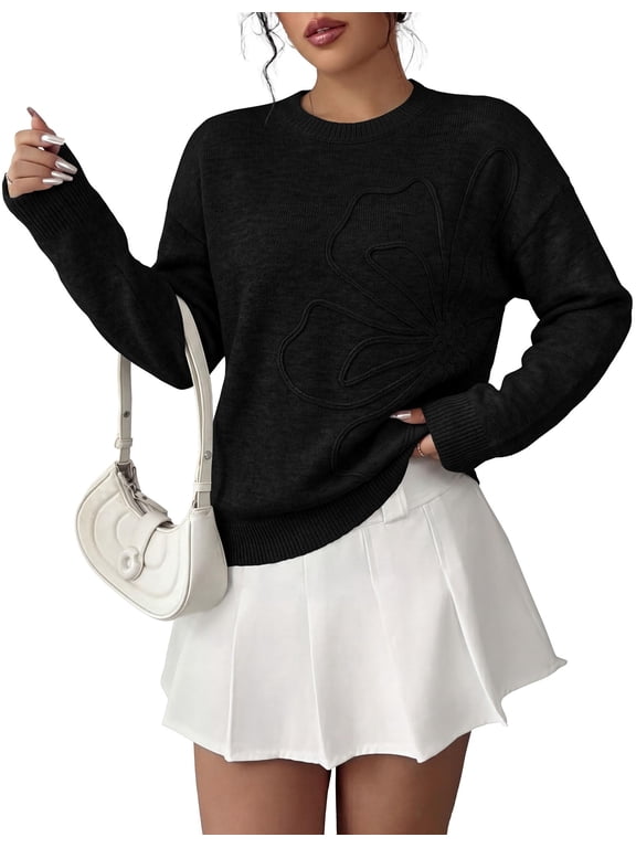 Women Fall Sweaters Trendy Floral Knit Pullover | Flower Embroidered Tops, Crew Neck, Soft Long Sleeve Shirts, Cozy Winter Layering Clothes for Casual Outing, Holiday Party