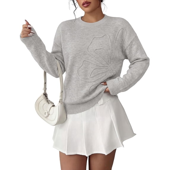 PRETTYGARDEN Women Fall Sweaters Trendy Floral Knit Pullover | Flower Embroidered Tops, Crew Neck, Soft Long Sleeve Shirts, Cozy Winter Layering Clothes for Casual Outing, Holiday Party