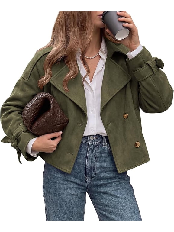 Women Faux Suede Double Breasted Trench Coat Cropped Jackets Raglan Long Sleeve,Lapel,Tie Cuff,Button Down,Fall Fashion Outerwear,Winter Clothes,Work Office Casual Short Jacket