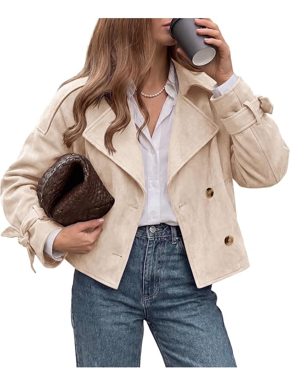 Women Faux Suede Double Breasted Trench Coat Cropped Jackets Raglan Long Sleeve,Lapel,Tie Cuff,Button Down,Fall Fashion Outerwear,Winter Clothes,Work Office Casual Short Jacket