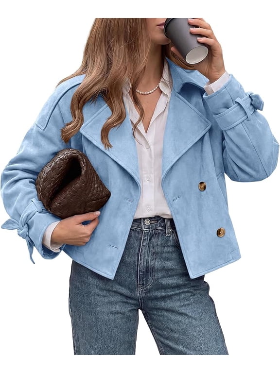 Women Faux Suede Double Breasted Trench Coat Cropped Jackets Raglan Long Sleeve,Lapel,Tie Cuff,Button Down,Fall Fashion Outerwear,Winter Clothes,Work Office Casual Short Jacket