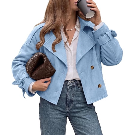 PRETTYGARDEN Women Faux Suede Double Breasted Trench Coat Cropped Jackets Raglan Long Sleeve,Lapel,Tie Cuff,Button Down,Fall Fashion Outerwear,Winter Clothes,Work Office Casual Short Jacket