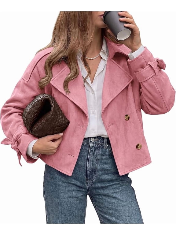 Women Faux Suede Double Breasted Trench Coat Cropped Jackets Raglan Long Sleeve,Lapel,Tie Cuff,Button Down,Fall Fashion Outerwear,Winter Clothes,Work Office Casual Short Jacket