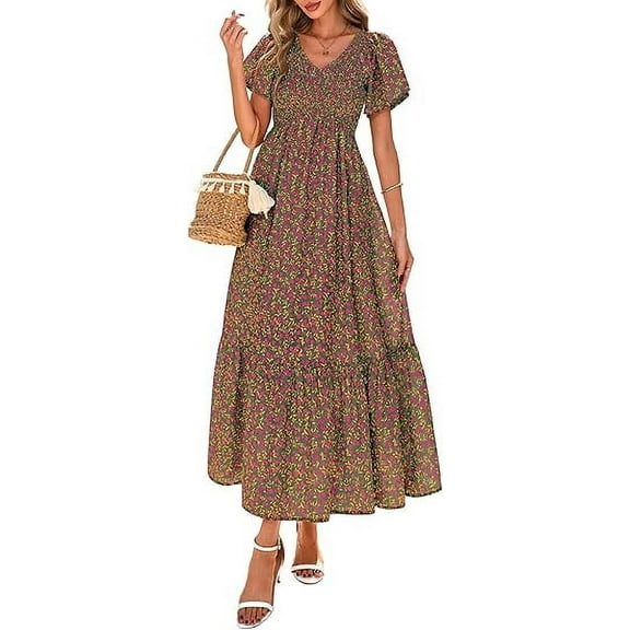 PRETTYGARDEN Women Floral Boho Maxi Dresses Summer Short Sleeve V Neck Smocked A Line Long Flowy Beach
