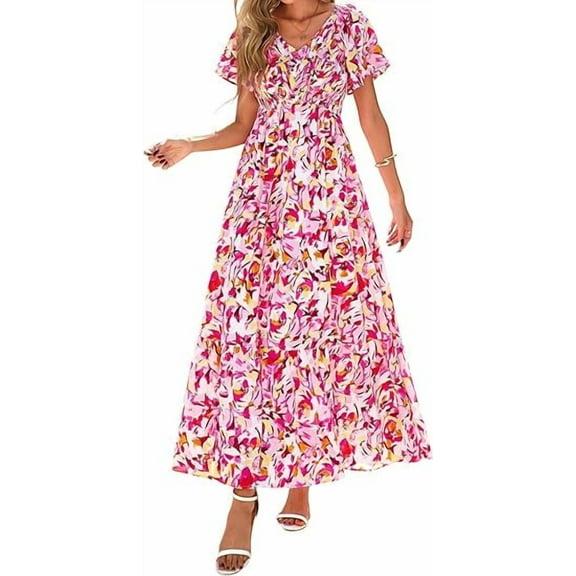 PRETTYGARDEN Women Floral Boho Maxi Dresses Summer Short Sleeve V Neck Smocked A Line Long Flowy Beach
