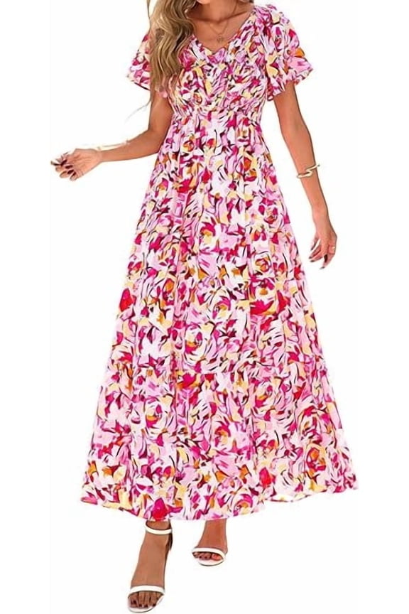 Women Floral Boho Maxi Dresses Summer Short Sleeve V Neck Smocked A Line Long Flowy Beach