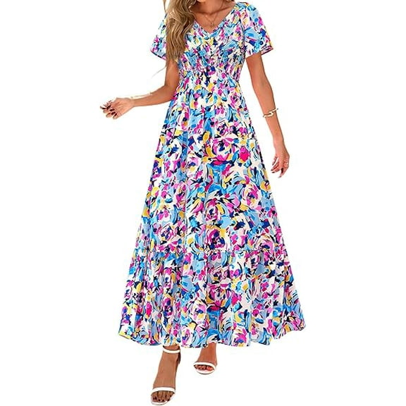 PRETTYGARDEN Women Floral Boho Maxi Dresses Summer Short Sleeve V Neck Smocked A Line Long Flowy Beach