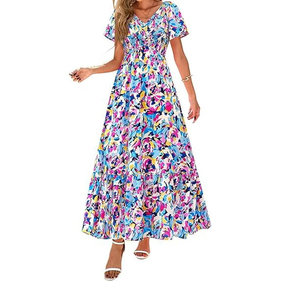 PRETTYGARDEN Women Floral Boho Maxi Dresses Summer Short Sleeve V Neck Smocked A Line Long Flowy Beach