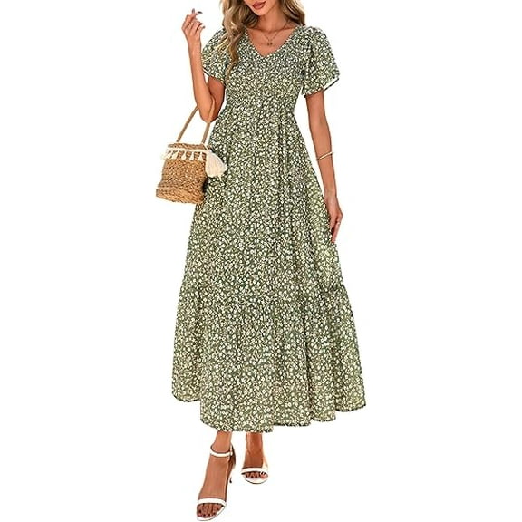 PRETTYGARDEN Women Floral Boho Maxi Dresses Summer Short Sleeve V Neck Smocked A Line Long Flowy Beach