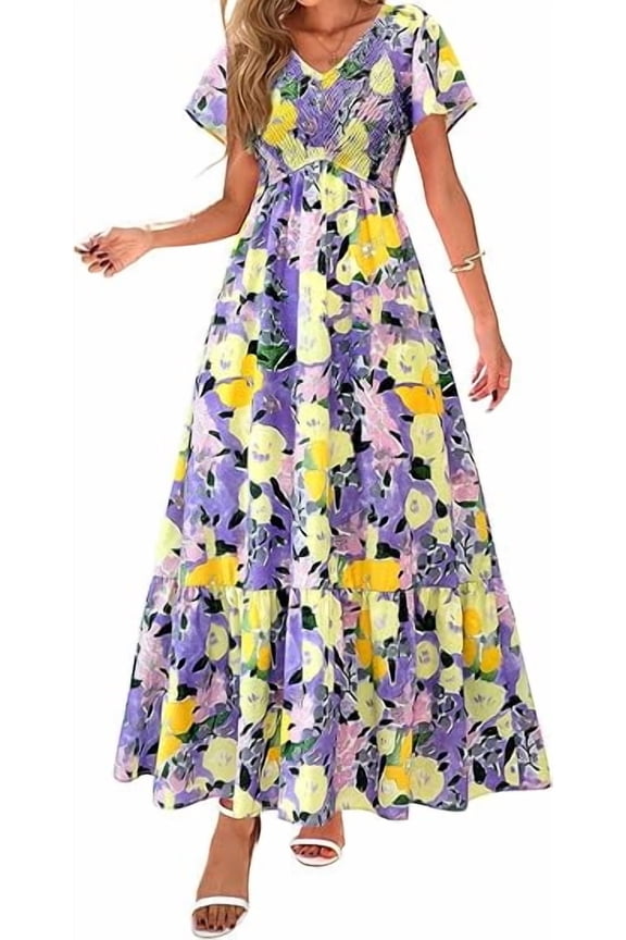 Women Floral Boho Maxi Dresses Summer Short Sleeve V Neck Smocked A Line Long Flowy Beach