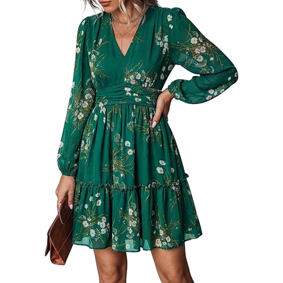 PRETTYGARDEN Women Floral Long Sleeve Mini Dress | Fall Wedding Guest Dresses, V Neck, Fit & Flare, Ruffle Hem A-Line, Short Chiffon Dress, Elegant Holiday Party, Date Outfits