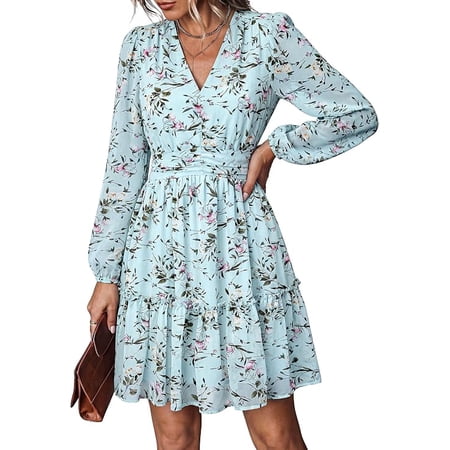 PRETTYGARDEN Women Floral Long Sleeve Mini Dress | Fall Wedding Guest Dresses, V Neck, Fit & Flare, Ruffle Hem A-Line, Short Chiffon Dress, Elegant Holiday Party, Date Outfits