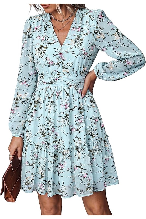 Women Floral Long Sleeve Mini Dress | Fall Wedding Guest Dresses, V Neck, Fit & Flare, Ruffle Hem A-Line, Short Chiffon Dress, Elegant Holiday Party, Date Outfits