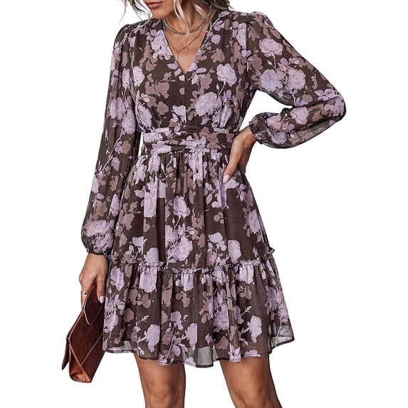 PRETTYGARDEN Women Floral Long Sleeve Mini Dress | Fall Wedding Guest Dresses, V Neck, Fit & Flare, Ruffle Hem A-Line, Short Chiffon Dress, Elegant Holiday Party, Date Outfits