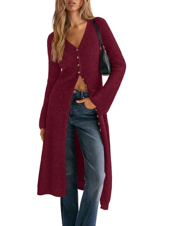 Women Long Cardigan Bell Sleeve Sweater Dress Early Fall Fashion, V Neck Button Down Coats, Fit and Flare, Duster Sweater, Acrylic Cotton Blend