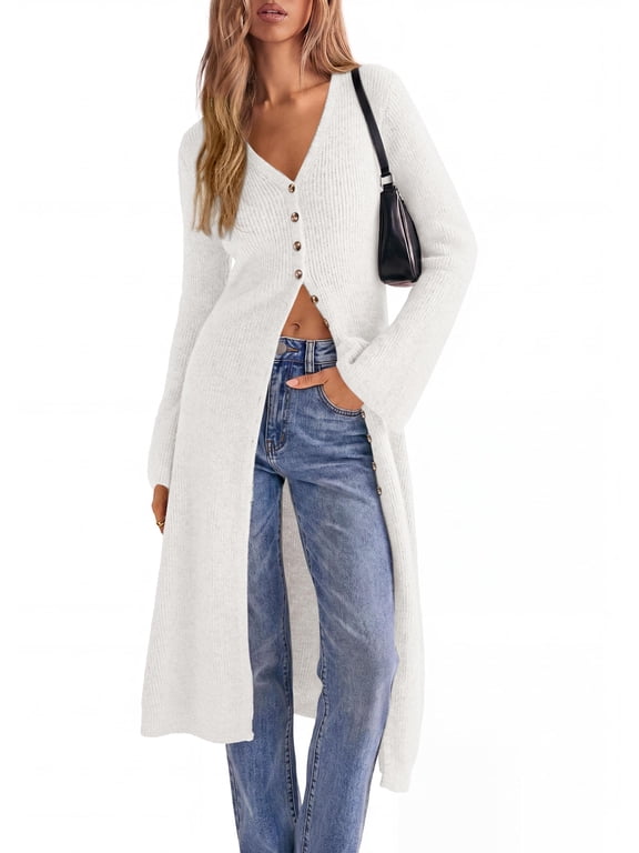 Women Long Cardigan Bell Sleeve Sweater Dress Early Fall Fashion, V Neck Button Down Coats, Fit and Flare, Duster Sweater, Acrylic Cotton Blend