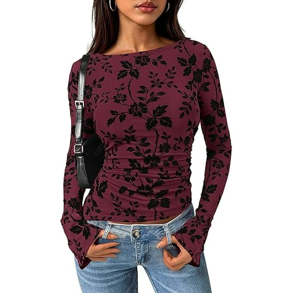 PRETTYGARDEN Women Long Sleeve Floral Mesh Tops Blouse Fall Trendy Boat Neck Ruched Fitted Shirt Going Out Date Outfits