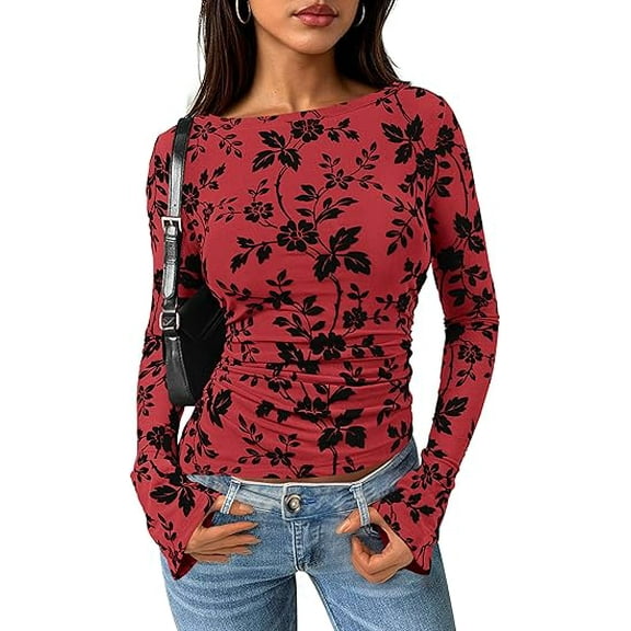 PRETTYGARDEN Women Long Sleeve Floral Mesh Tops Blouse Fall Trendy Boat Neck Ruched Fitted Shirt Going Out Date Outfits
