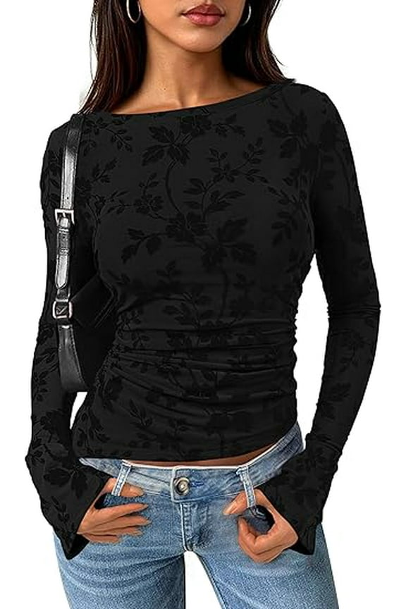Women Long Sleeve Floral Mesh Tops Blouse Fall Trendy Boat Neck Ruched Fitted Shirt Going Out Date Outfits