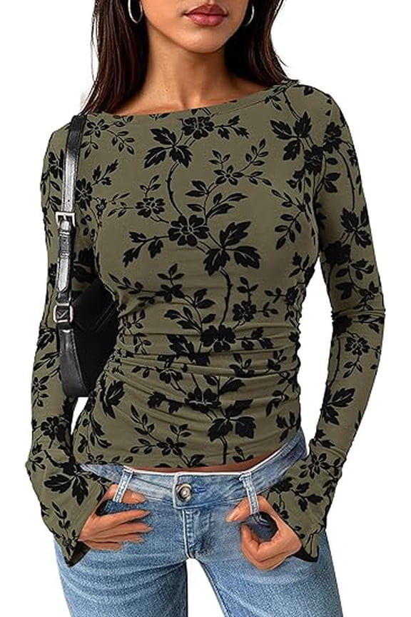 Women Long Sleeve Floral Mesh Tops Blouse Fall Trendy Boat Neck Ruched Fitted Shirt Going Out Date Outfits