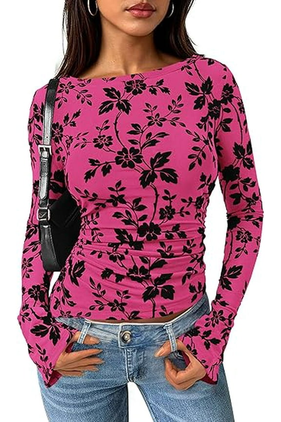 Women Long Sleeve Floral Mesh Tops Blouse Fall Trendy Boat Neck Ruched Fitted Shirt Going Out Date Outfits