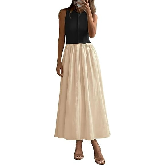 PRETTYGARDEN Women Maxi Dresses Summer Casual Sleeveless Patchwork Knit Tank Dress Flowy Beach Sundress Long Dress