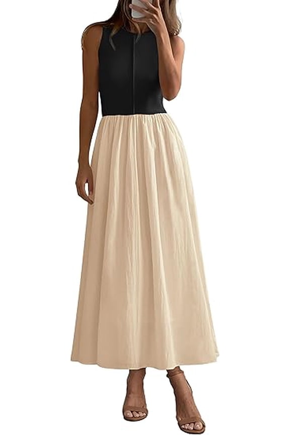 Women Maxi Dresses Summer Casual Sleeveless Patchwork Knit Tank Dress Flowy Beach Sundress Long Dress