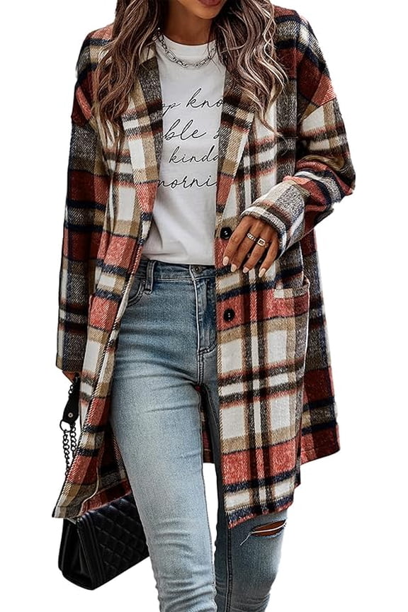 Women Plaid Shacket Jacket Trendy Fall Casual Button Wool Blend Tartan Trench Coat Winter Clothing with Pockets