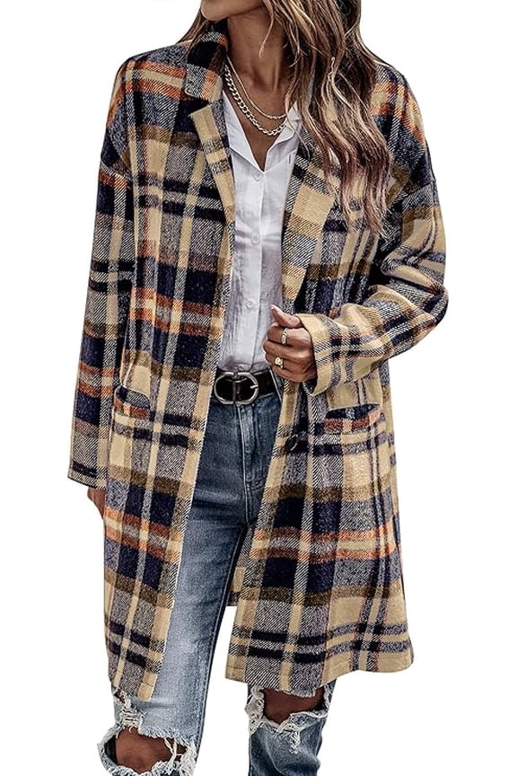 Women Plaid Shacket Jacket Trendy Fall Casual Button Wool Blend Tartan Trench Coat Winter Clothing with Pockets
