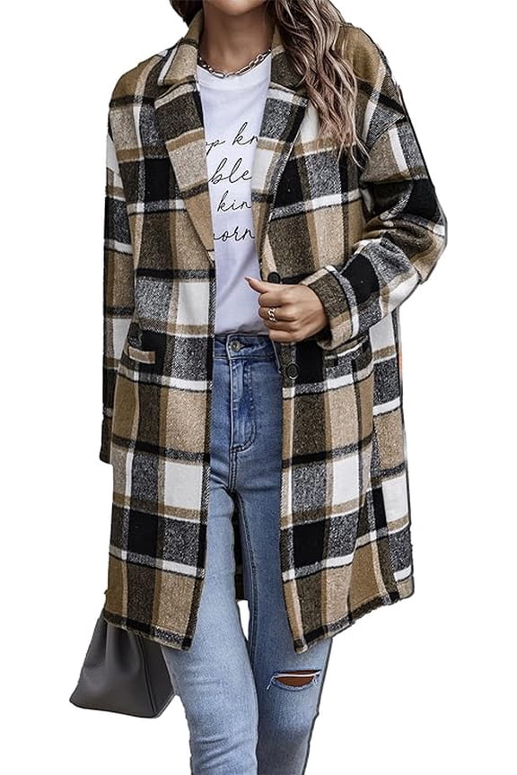 Women Plaid Shacket Jacket Trendy Fall Casual Button Wool Blend Tartan Trench Coat Winter Clothing with Pockets