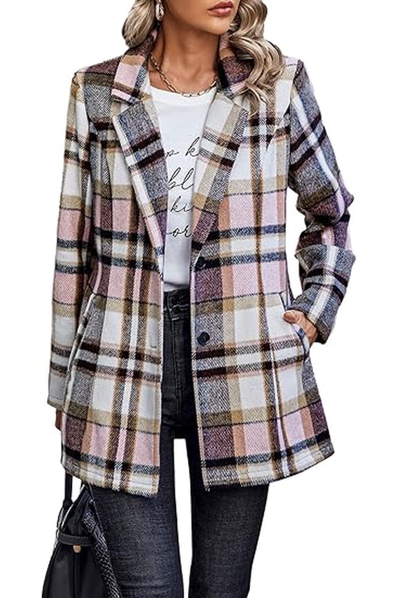 Women Plaid Shacket Jacket Trendy Fall Casual Button Wool Blend Tartan Trench Coat Winter Clothing with Pockets