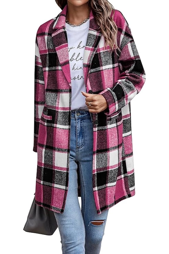 Women Plaid Shacket Jacket Trendy Fall Casual Button Wool Blend Tartan Trench Coat Winter Clothing with Pockets