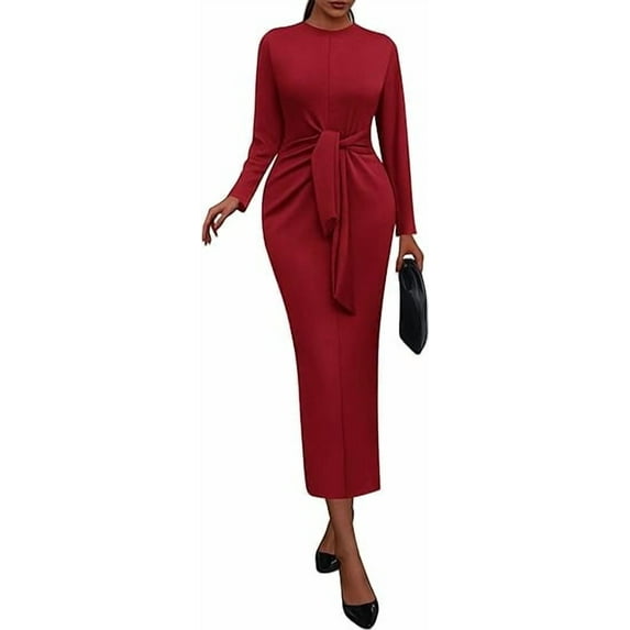 PRETTYGARDEN Women Semi Formal Midi Dresses Long Sleeve Bodycon Tie Waist Slit Wedding Guest Cocktail Fall Fashion Dress