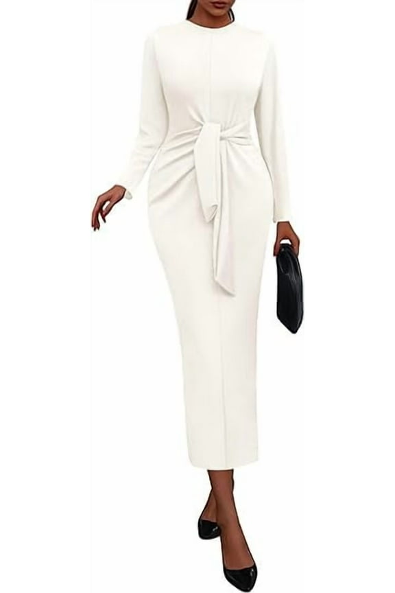 Women Semi Formal Midi Dresses Long Sleeve Bodycon Tie Waist Slit Wedding Guest Cocktail Fall Fashion Dress