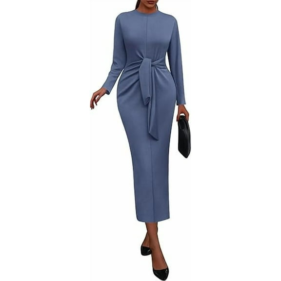PRETTYGARDEN Women Semi Formal Midi Dresses Long Sleeve Bodycon Tie Waist Slit Wedding Guest Cocktail Fall Fashion Dress