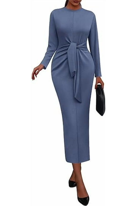 Women Semi Formal Midi Dresses Long Sleeve Bodycon Tie Waist Slit Wedding Guest Cocktail Fall Fashion Dress
