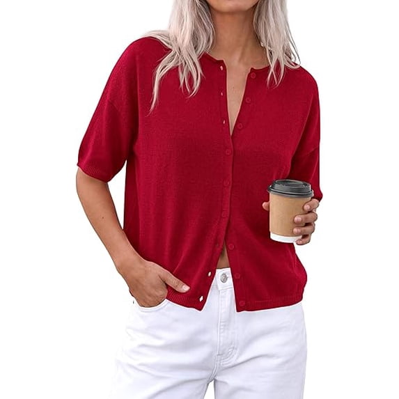 PRETTYGARDEN Women Spring Short Sleeve Cardigan Sweaters Button Down Knit Shirt Blouse Dressy Casual Tops Summer Outfits