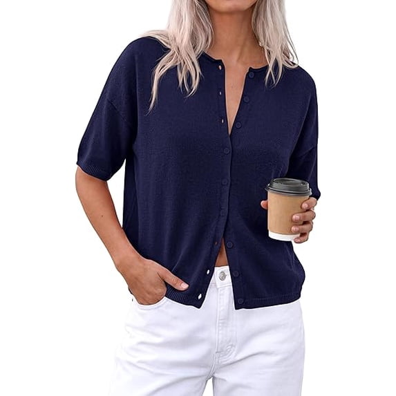 PRETTYGARDEN Women Spring Short Sleeve Cardigan Sweaters Button Down Knit Shirt Blouse Dressy Casual Tops Summer Outfits