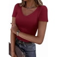 thumbnail image 1 of PRETTYGARDEN Women Spring Tops Trendy Ribbed Short Sleeve V Neck Fitted Basic Tee Shirts Casual Going Out Summer Outfits, 1 of 8