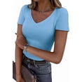 thumbnail image 1 of PRETTYGARDEN Women Spring Tops Trendy Ribbed Short Sleeve V Neck Fitted Basic Tee Shirts Casual Going Out Summer Outfits, 1 of 10