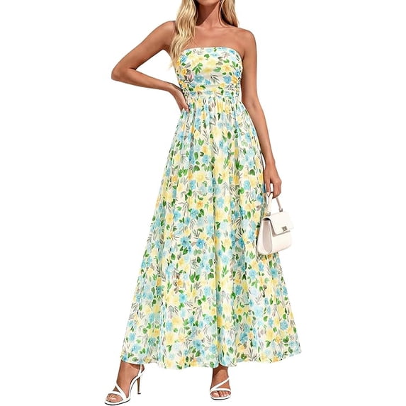 PRETTYGARDEN Women Strapless Maxi Dress Summer Floral Tube Top Ruched Beach Spring Wedding Guest Long Dresses