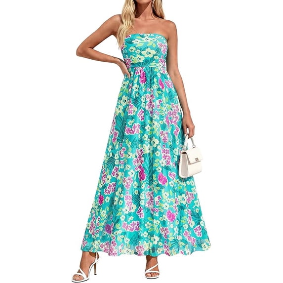 PRETTYGARDEN Women Strapless Maxi Dress Summer Floral Tube Top Ruched Beach Spring Wedding Guest Long Dresses