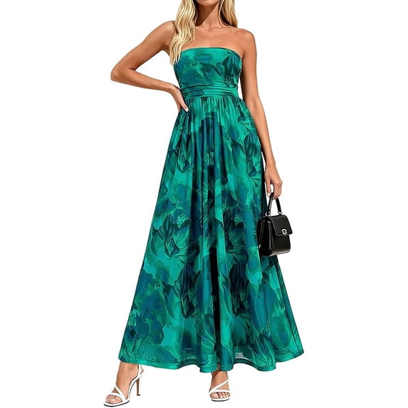PRETTYGARDEN Women Strapless Maxi Dress Summer Floral Tube Top Ruched Beach Spring Wedding Guest Long Dresses