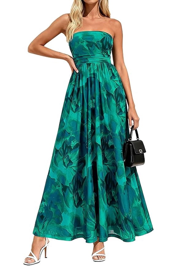 Women Strapless Maxi Dress Summer Floral Tube Top Ruched Beach Spring Wedding Guest Long Dresses