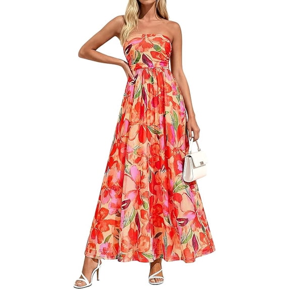 PRETTYGARDEN Women Strapless Maxi Dress Summer Floral Tube Top Ruched Beach Spring Wedding Guest Long Dresses