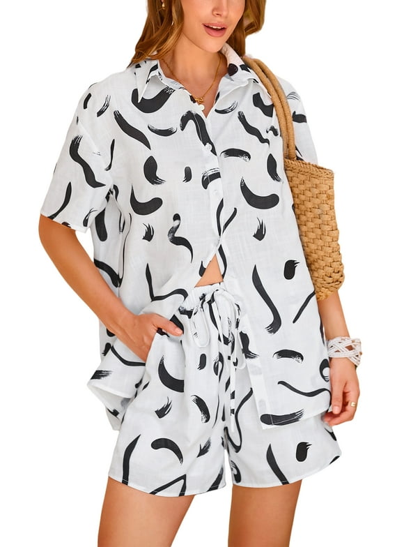 Women Summer 2 Piece Beach Outfits Printed Short Sleeve Tops Lounge Shorts Casual Tracksuit Set
