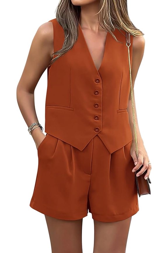 Women Summer 2 Piece Outfits V Neck Sleeveless Button Down Vest Shorts Sets Business Work Matching Set