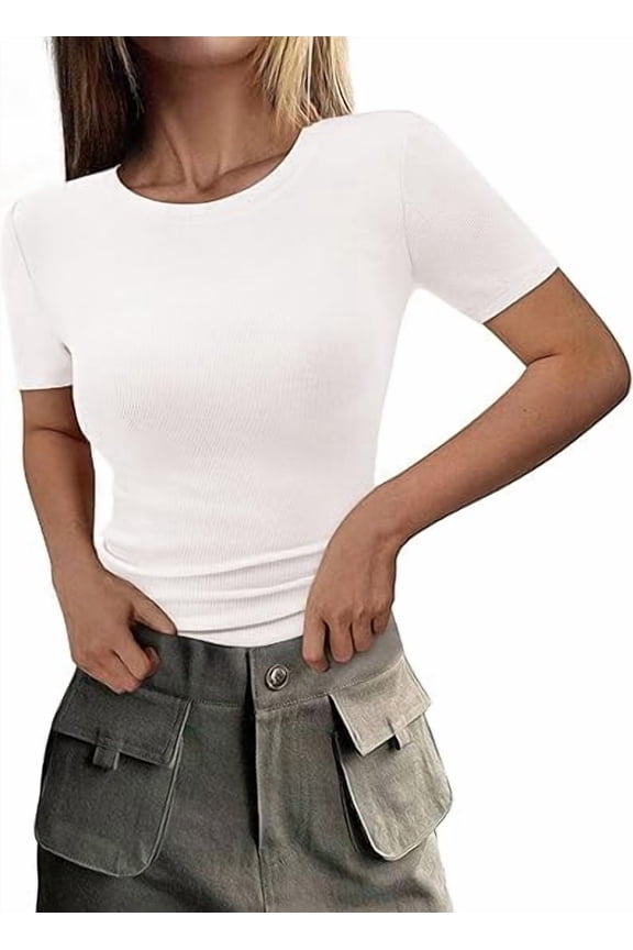 Women Summer Crew Neck Short Sleeve Tops Ribbed Knit Slim Fit Fashion Basic Tee Shirts Casual Going Out Top