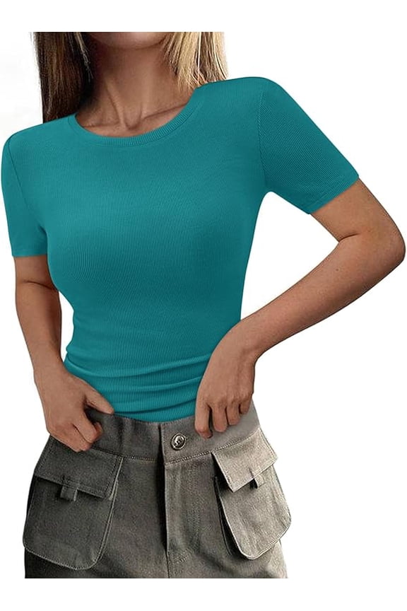 Women Summer Crew Neck Short Sleeve Tops Ribbed Knit Slim Fit Fashion Basic Tee Shirts Casual Going Out Top